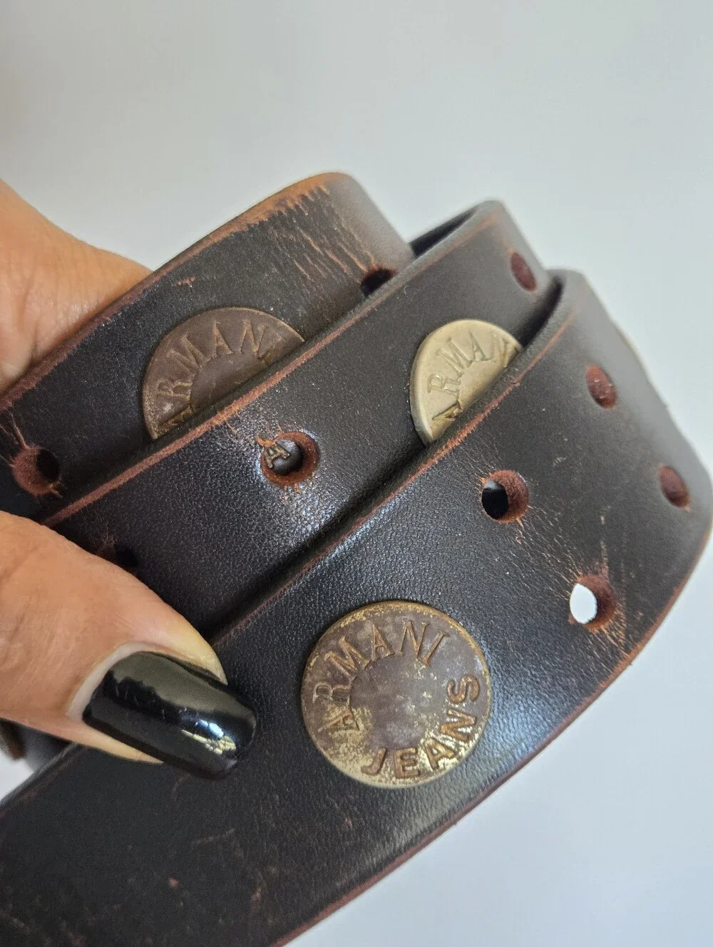 Vintage Armani Distressed Brown Leather Belt Western Grunge Metal Stud Accents